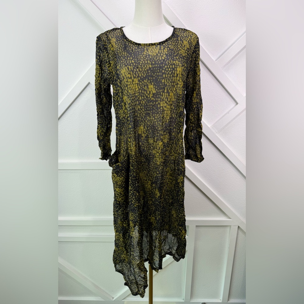 Lisa Bayne Lagenlook Mesh Crinkle Asymmetrical Dress Sheer Black Green Dot  Med